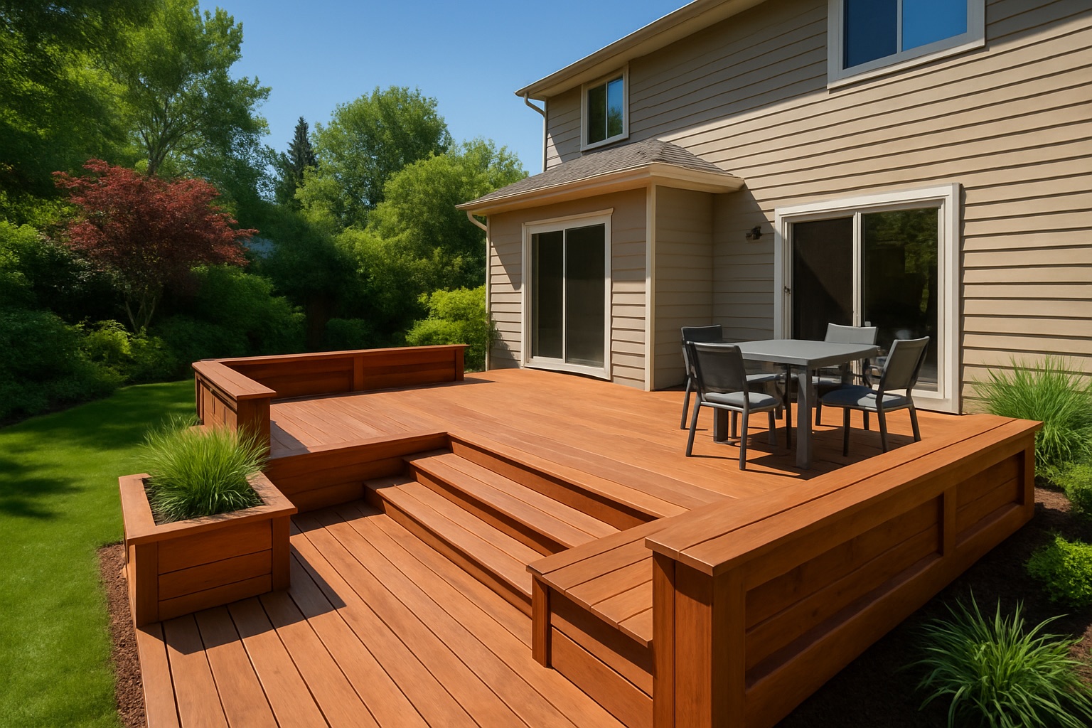 Multi-level cedar deck with built-in seating